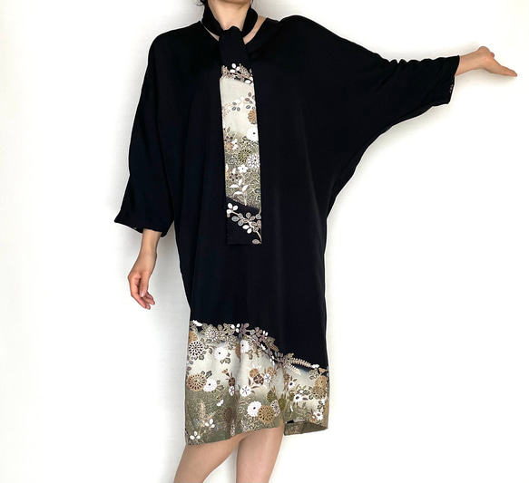 upcycled vintage kimono dress 留袖ワンピース　＜菊　リボンタイ＞ 着物リメイク 8枚目の画像