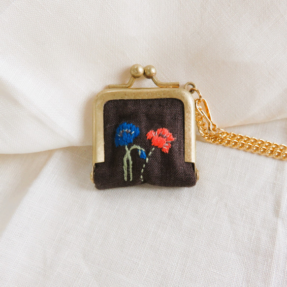 アネモネ刺繡 ミニミニがま口・アクセサリーケース・バッグチャーム