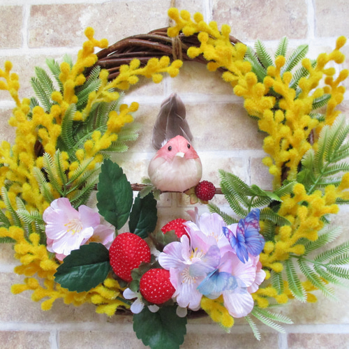 ◇929【送料込み】ピンクの小鳥と蝶 桜ミモザと苺のリース ※大サイズ  