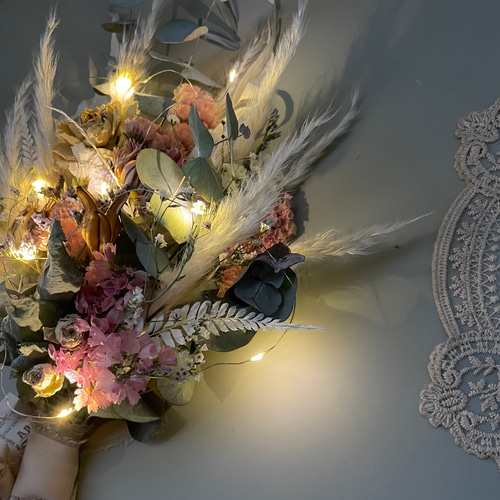 ピンク、ホワイト系 ドライフラワーブーケ/スワッグ リボン変更可能