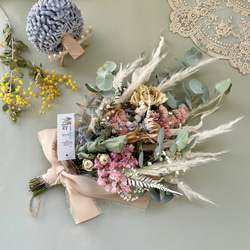 ピンク、ホワイト系 ドライフラワーブーケ/スワッグ リボン変更可能