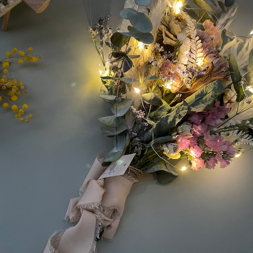 ピンク、ホワイト系 ドライフラワーブーケ/スワッグ リボン変更可能