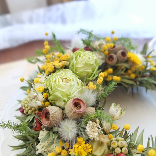 ドライフラワーのナチュラルリース green&yellow