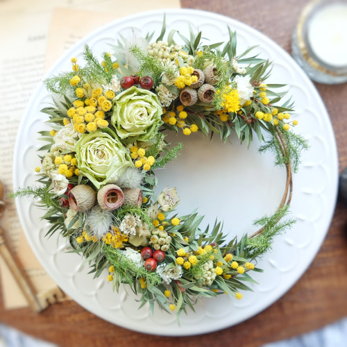ドライフラワーのナチュラルリース green&yellow
