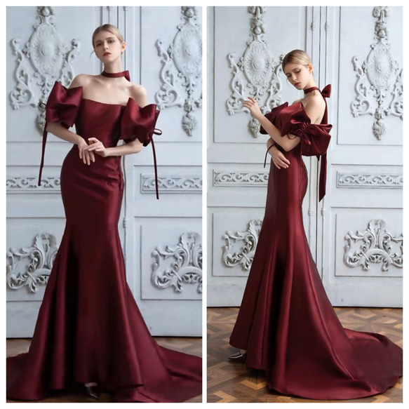 ウェディングドレス ボリューム袖 チューブトップ リボン マーメイド  