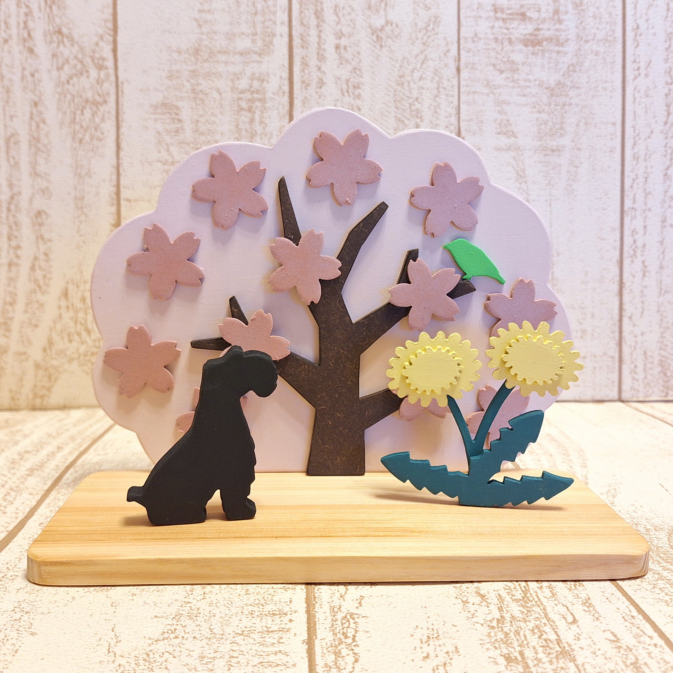 受注制作☆動物の変更も色変更も可能！☆春☆桜とシュナウザーの置物☆たんぽぽ☆お花見