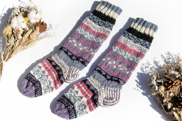 手織羊毛針織襪/條紋襪/羊毛鉤織長襪/保暖毛襪-北歐費爾島風紫色編織長襪 美麗諾 聖誕節交換禮物 好友生日禮物 母親節 第1張的照片