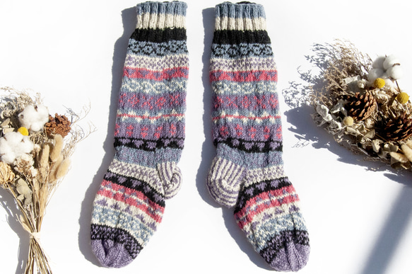 手織羊毛針織襪/條紋襪/羊毛鉤織長襪/保暖毛襪-北歐費爾島風紫色編織長襪 美麗諾 聖誕節交換禮物 好友生日禮物 母親節 第3張的照片