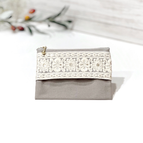 ポケットティッシュケース　インド刺繍リボン　オフホワイト　合皮　No.11 ポケットティッシュケース ❇︎ ポーチ付き / インド刺繍リボン