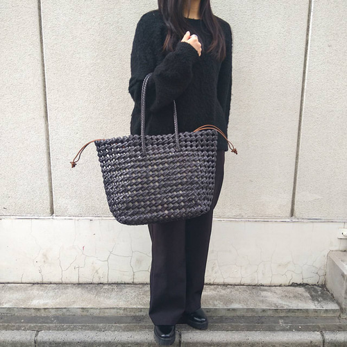 ヤギ革】大きい石畳編みメッシュトートバッグ Lサイズ 本革 軽い