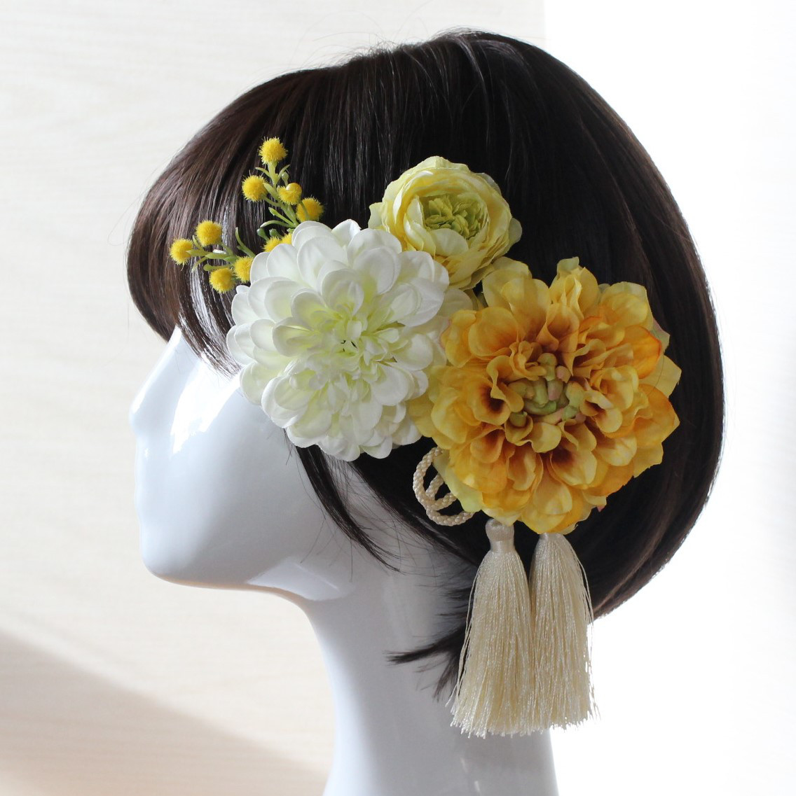 2way＊ショートへアでも圧倒的に落ちにくいダリアとミモザの髪飾りセット＊ワニ口クリップ＊成人式＊ウェディング＊前撮り        Ω