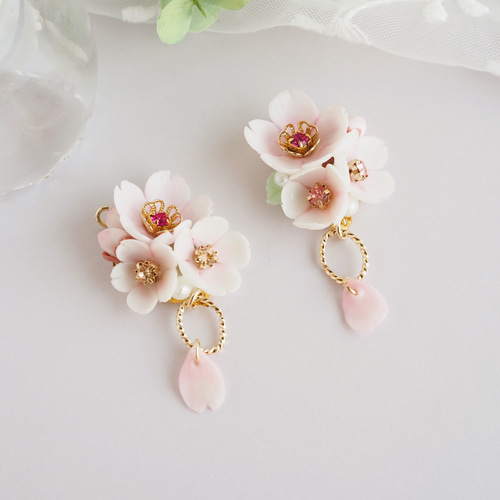 Shashi ピアス 花 フラワー ドロップ 桜 凛 RIN キャッチ ボディピアス 16G 18G 和風 富士山 桜 さくら