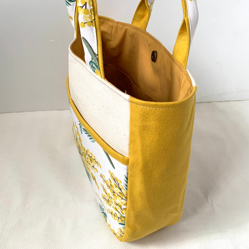 【オーダー品】　トートバッグ　前ポケット付きトート 送料無料】前ポケット付き☆手さげトートバッグ(ミモザ/花柄