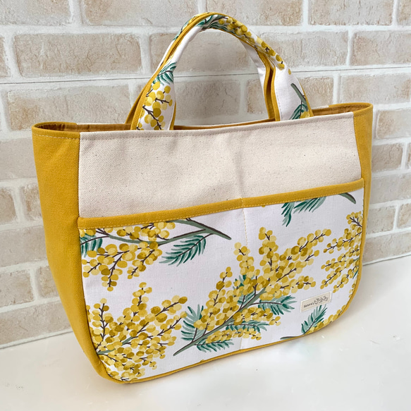 【オーダー品】　トートバッグ　前ポケット付きトート 送料無料】前ポケット付き☆手さげトートバッグ(ミモザ/花柄