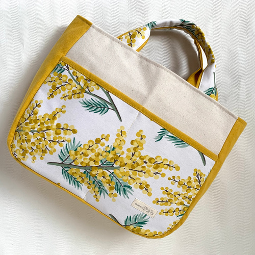 【オーダー品】　トートバッグ　前ポケット付きトート 送料無料】前ポケット付き☆手さげトートバッグ(ミモザ/花柄