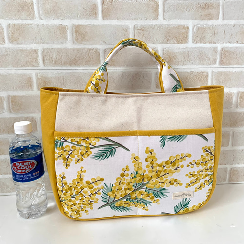 【オーダー品】　トートバッグ　前ポケット付きトート 送料無料】前ポケット付き☆手さげトートバッグ(ミモザ/花柄