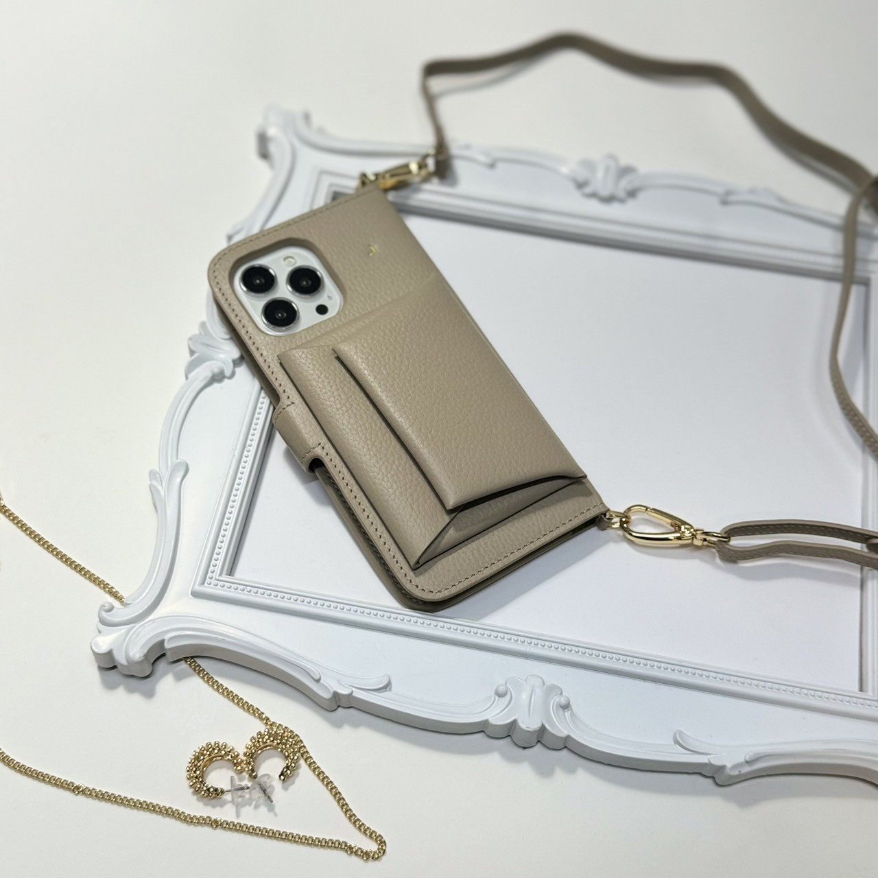 手帳型スマホケース バイカラー　本革　名入れ可　カード収納　ショルダー付き　Greige　　レザー
