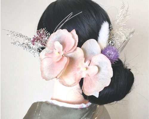 成人式髪飾り 和装リボン　千總 振袖 袴 胡蝶蘭  ドライフラワー プリザーブド 卒業式 袴 成人式 振袖 髪飾り ✨金箔付 胡蝶蘭の髪飾り 前撮り