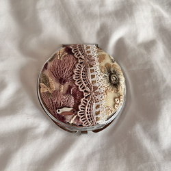 インド刺繍　リボン　コンパクトミラー　鏡　ブラウン×グリーン 2枚目の画像