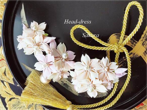 ⚜ 桜ヘッドドレス 正絹髪飾り つまみ細工 / 薄ピンクグラデーション 1枚目の画像