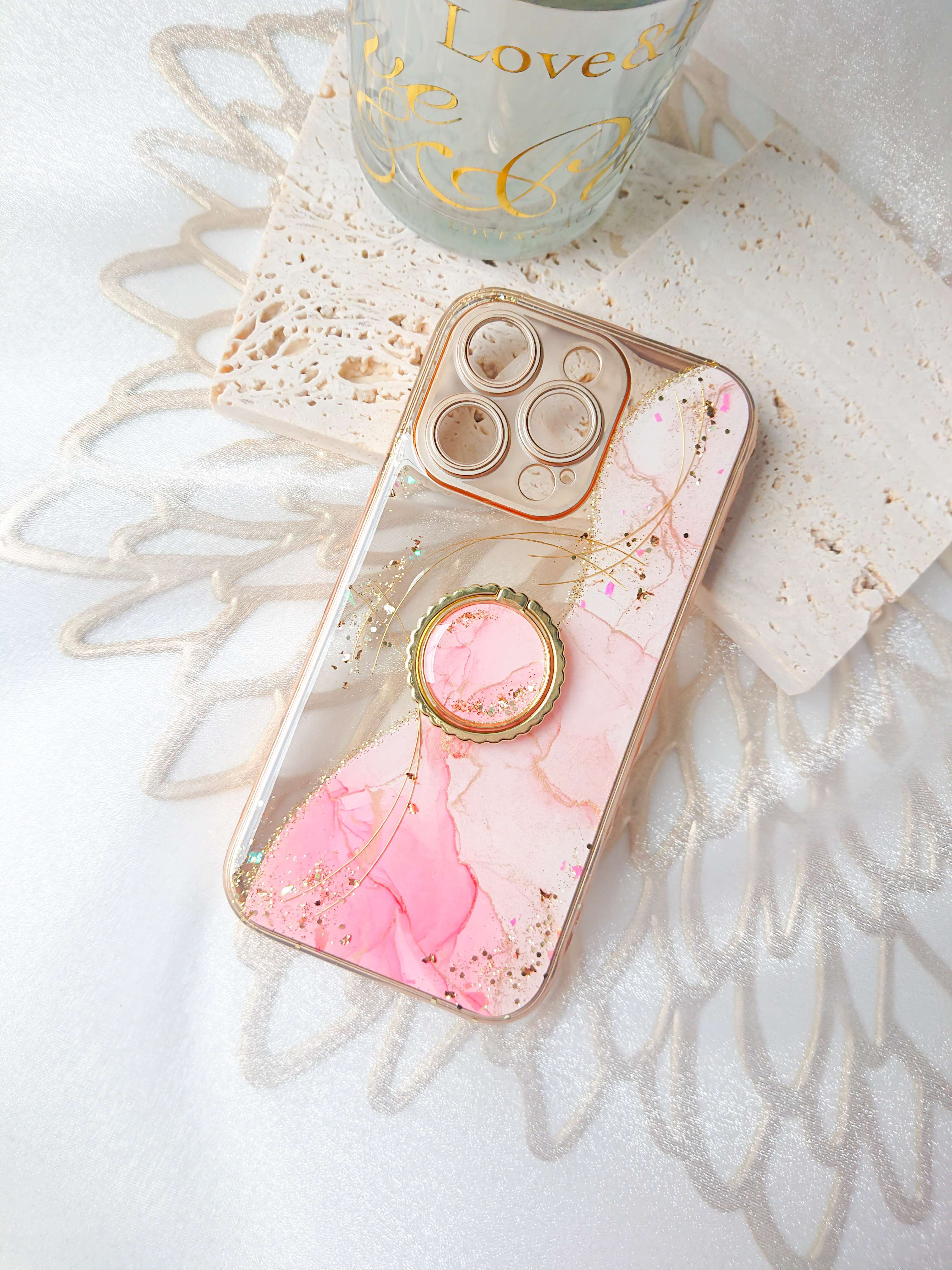 ピンクゴールド 大理石風iPhoneケース アルコールインクアート 大人ピンク　華やか　キラキラ　春の誕生花2026