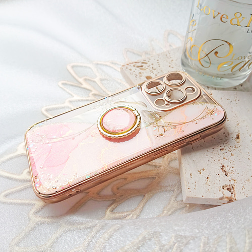 ピンクゴールド 大理石風iPhoneケース アルコールインクアート 大人