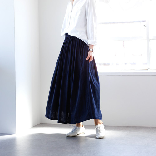 ふんわり柔らかダブルガーゼのギャザースカート/ネイビー ロング