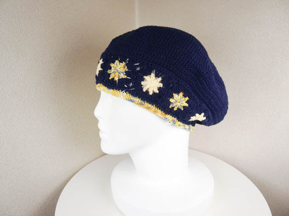 コットン系　ゆったりベレー帽（マーガレット　ミモザイエロー　ダークネイビー） 2枚目の画像