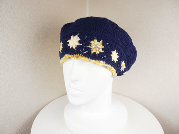 コットン系　ゆったりベレー帽（マーガレット　ミモザイエロー　ダークネイビー） 3枚目の画像
