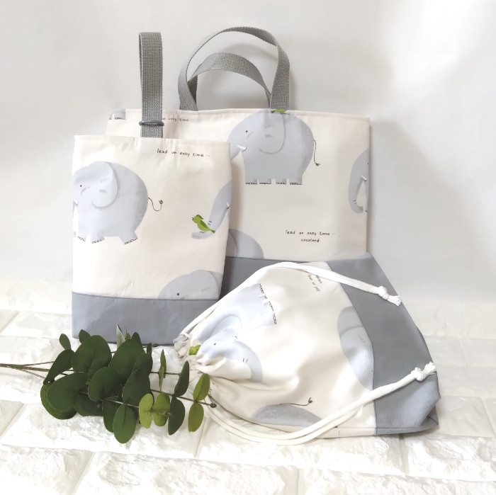 《送料無料》通園・通学3点セット・ほのぼのぞうさん　レッスンバッグ&上履き入れ&体操着袋　＃n551