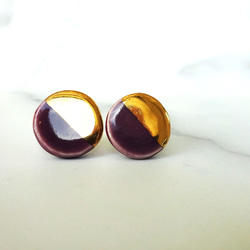 金色圓形雙色耳環/耳環（紫色） 第3張的照片