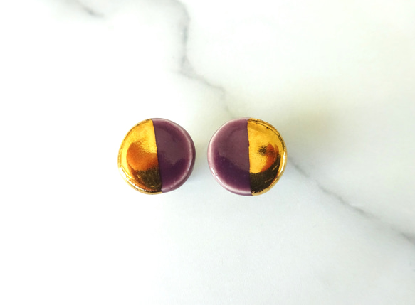 金色圓形雙色耳環/耳環（紫色） 第2張的照片