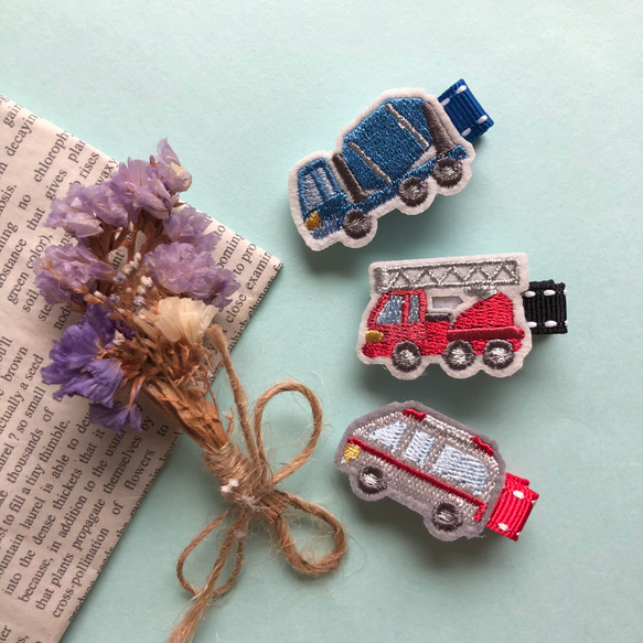 ヘアゴム　ベビーヘアクリップ　車 送料無料3点セット♩救急車・消防車・タンクローリーのベビーヘア