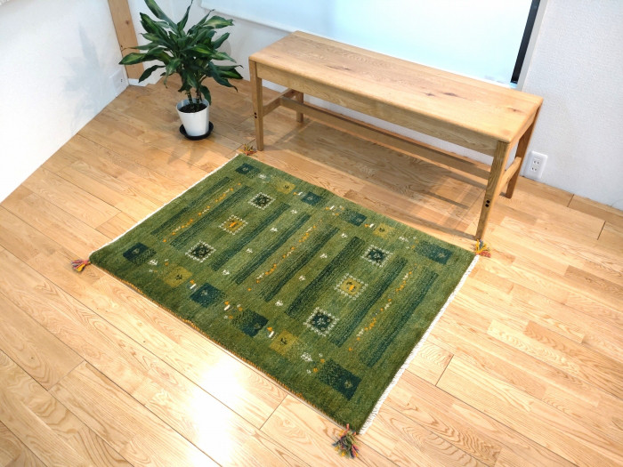 大目玉品３０％OFF】ペルシャ ギャッベ　114×83cm　緑　パネル　花　ヤギ羊 56,000円