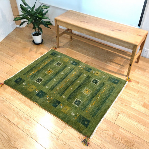 大目玉品３０％OFF】ペルシャ ギャッベ 114×83cm 緑 パネル 花 ヤギ羊