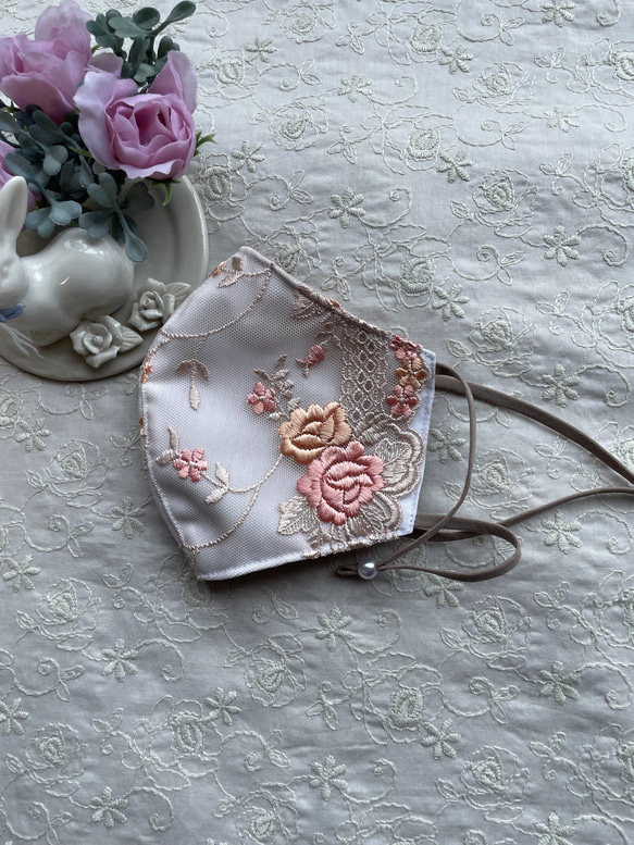 【刺繍レースマスク】肌なじみよし♡オレンジ系ぷっくりツヤツヤ刺繍 3サイズ 2枚目の画像