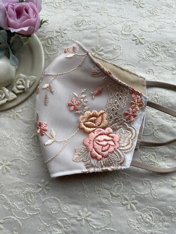 【刺繍レースマスク】肌なじみよし♡オレンジ系ぷっくりツヤツヤ刺繍 3サイズ 7枚目の画像