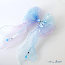 繡球花透明紗絲帶髮夾（藍色） 第3張的照片