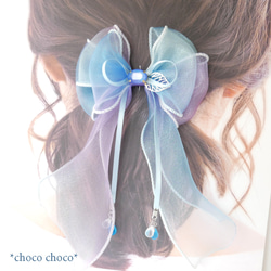 繡球花透明紗絲帶髮夾（藍色） 第2張的照片