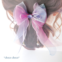 繡球花透明紗絲帶髮夾（粉紅色） 第3張的照片