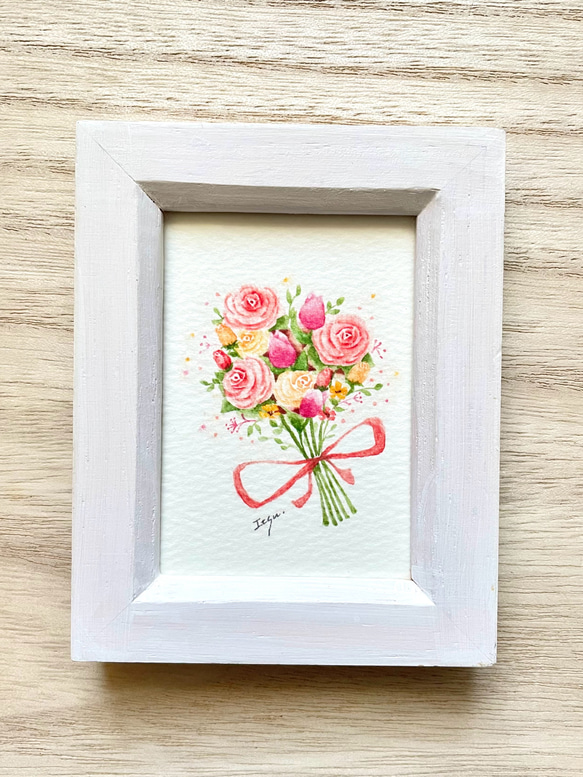 透明水彩画 ミニ額「オレンジの花束」イラスト プチギフト バラ
