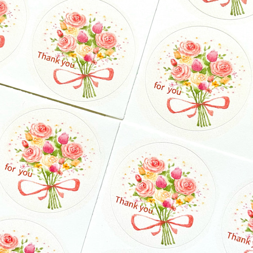 透明水彩画「オレンジの花束」丸シール48枚 サンキューシール バラ