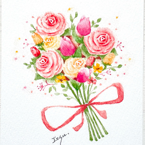 透明水彩画 3枚セット「オレンジの花束」ポストカード イラスト