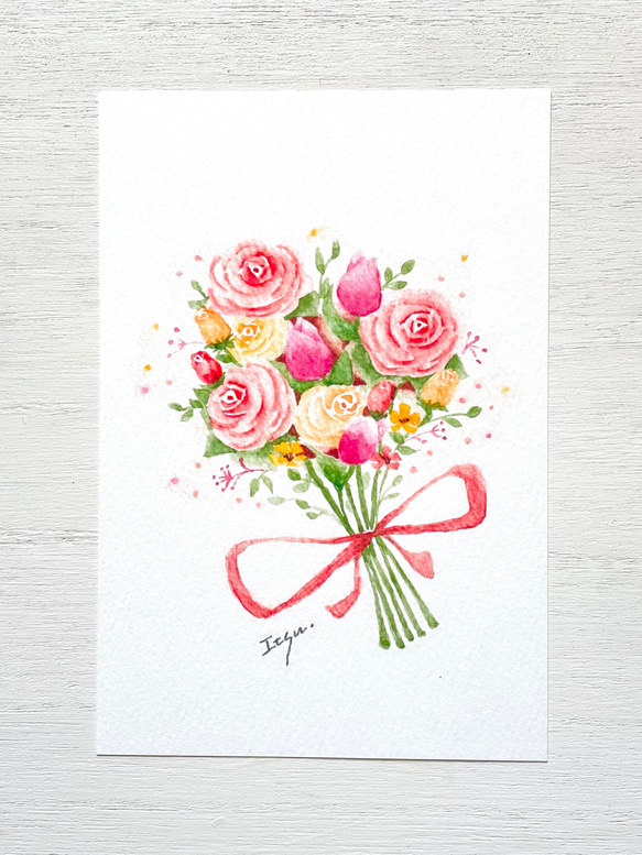 透明水彩画 3枚セット「オレンジの花束」ポストカード イラスト