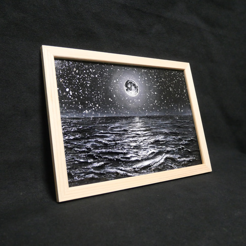 油絵 原画】白黒の満月の海 | 絵画 油彩画 インテリア 絵画 HR 通販