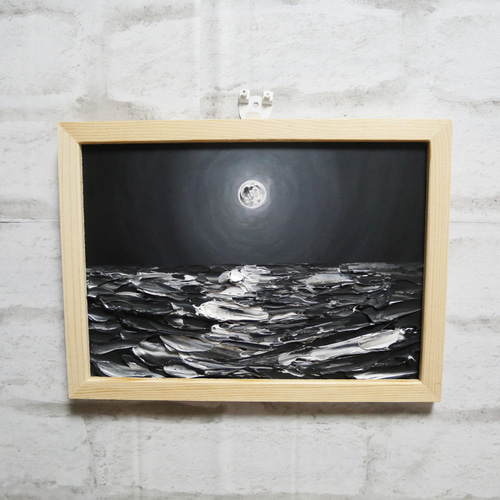 油絵 油彩 油彩画 絵画 【白黒の満月の海】 絵画 HR 通販