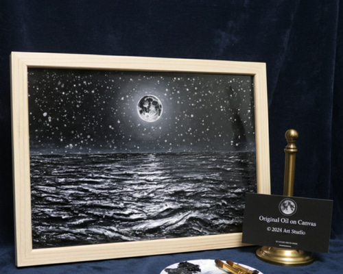 油絵 原画】白黒の満月の海 | 絵画 油彩画 インテリア 絵画 HR 通販