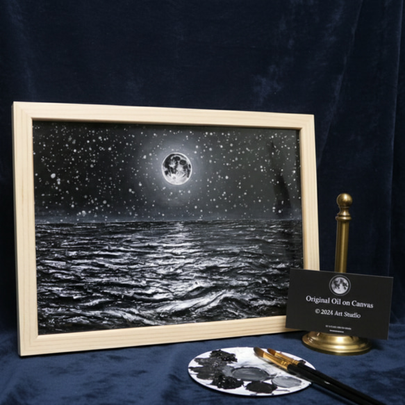 油絵原画 MOON 油彩画 原画 月 画鋲で設置可能 油絵 原画】白黒の満月の海 | 絵画 油彩画 インテリア 絵画 HR 通販