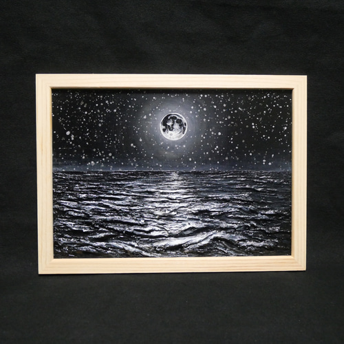 油絵 原画】白黒の満月の海 | 絵画 油彩画 インテリア 絵画 HR 通販