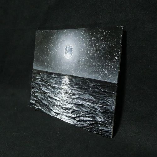 油絵 油彩 油彩画 絵 絵画 【白黒の満月と星空の海】 絵画 HR 通販